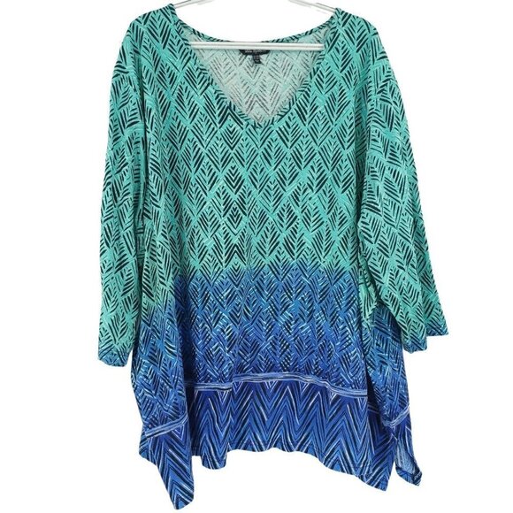 Ulla Popken Border Blues Print V-Neck Cotton Knit Tunic Top Tribal Ombre 32/34 - Picture 1 of 11